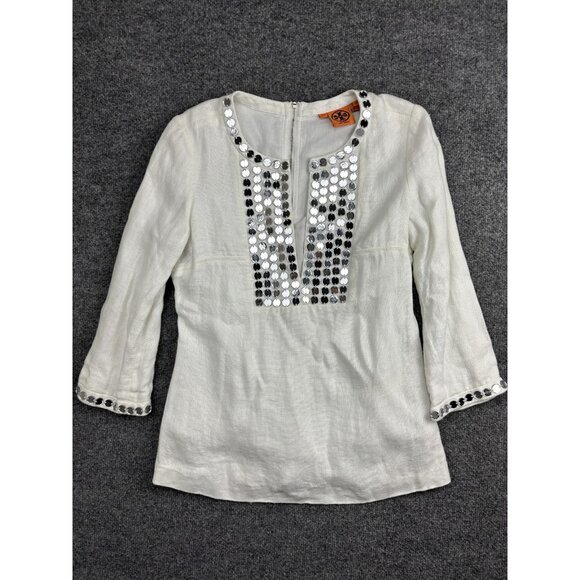 Tory Burch Linen Blouse Womens 4 White Mirror Sequin Embellished 3/4 Sleeve - Picture 1 of 9
